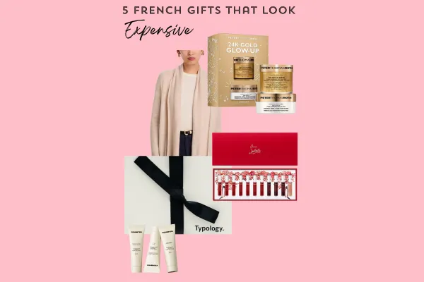 Five French holiday gifts that look luxurious but are surprisingly affordable including gold eye patches, luxury hand cream, perfume discovery set, cashmere wrap, and beauty advent calendar
