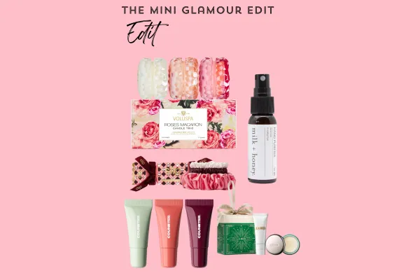 Small French-inspired holiday gifts including silk scrunchies, tinted lip balm, and travel candles.