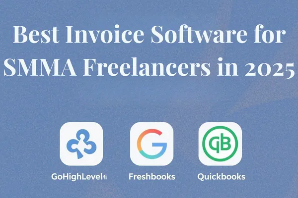 Digital illustration of a laptop screen showing invoice software with charts, bills, and payment icons, representing the best invoicing tools for SMMA freelancers in 2025