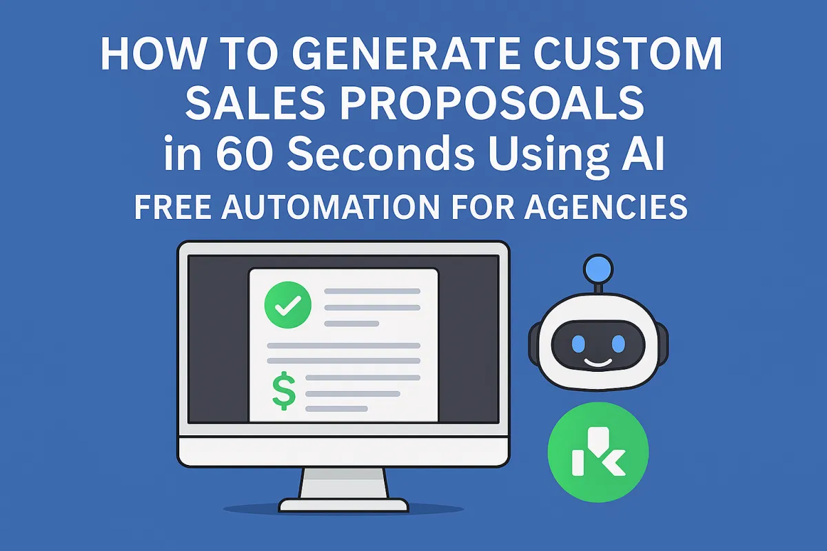 Flat digital illustration showing a computer with a proposal document and a smiling AI robot, symbolizing AI automation for generating sales proposals.