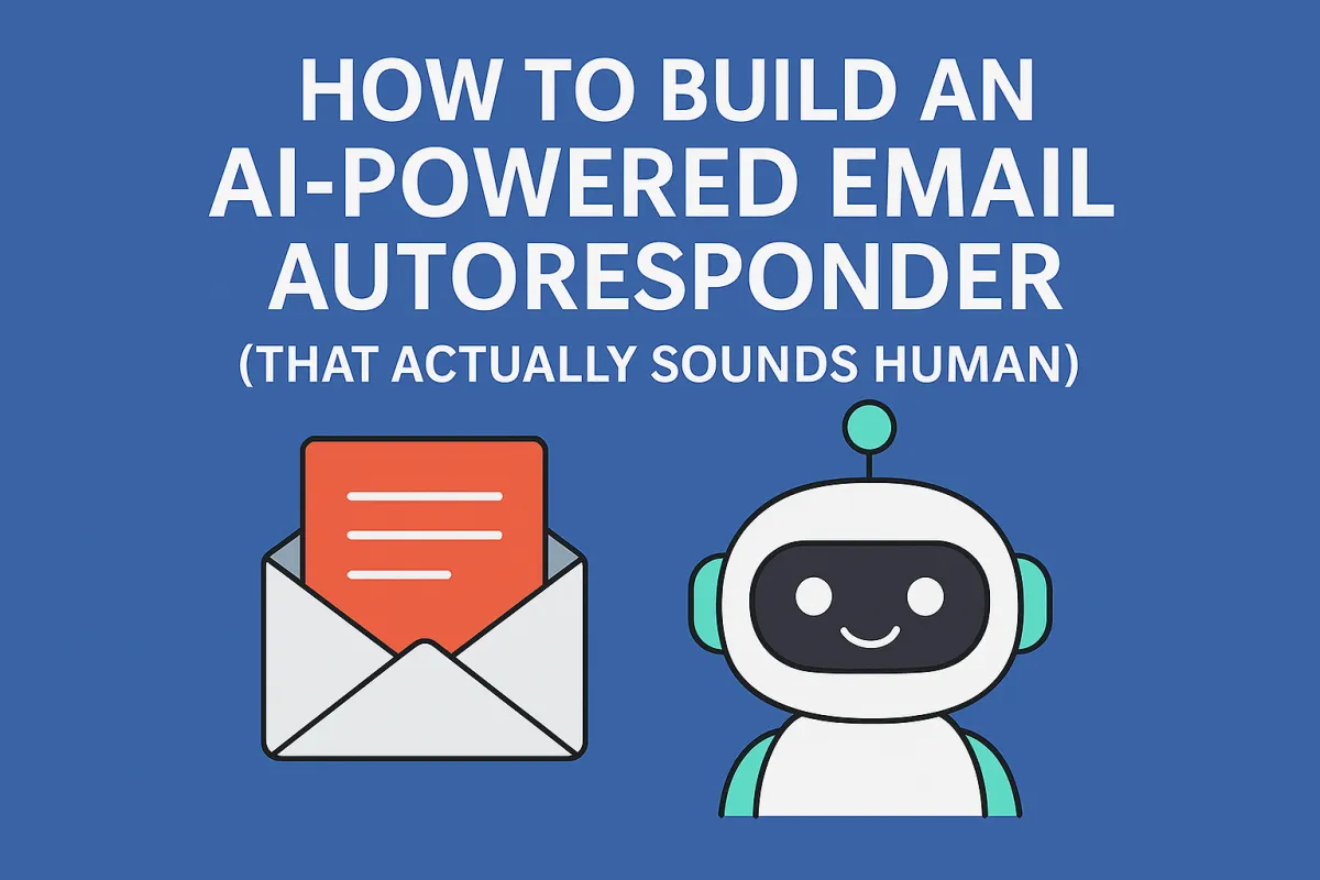 Flat digital illustration showing a smiling robot next to an envelope with a letter, representing an AI-powered email autoresponder that sounds human.
