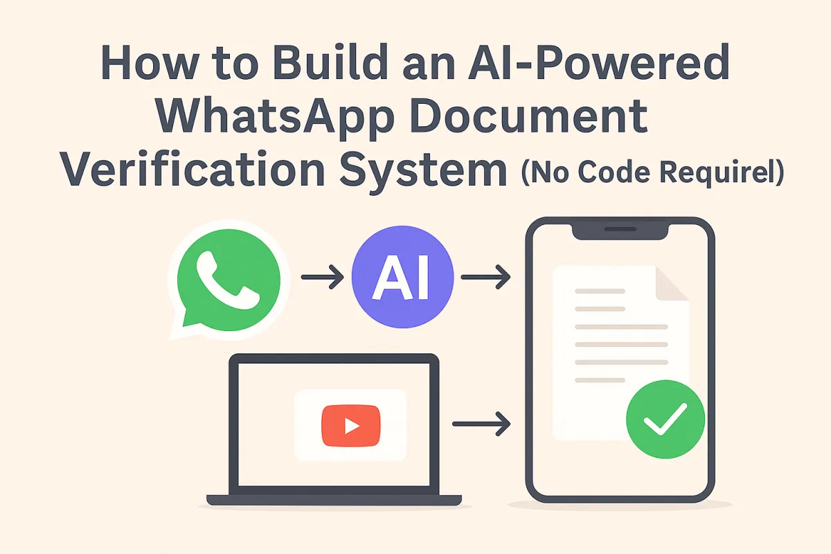 Digital illustration showing WhatsApp, AI, and document verification icons connected in a workflow, representing a no-code AI verification system.