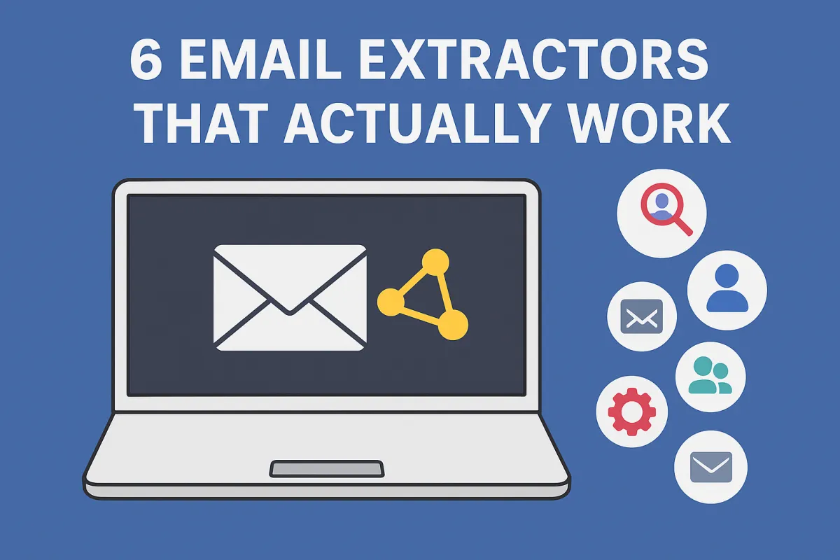 A flat 600 by 400 pixel digital illustration showing a laptop screen displaying email icons, extraction tools, and contact lists, representing a blog post about the best email extractors for large scale lead generation.