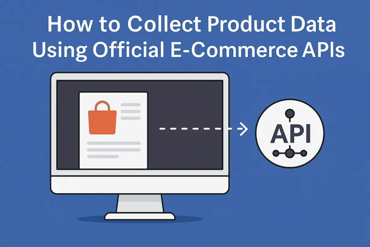 Flat digital illustration showing a computer with a product page and a dashed arrow pointing to an API icon, representing collecting product data using official e-commerce APIs.