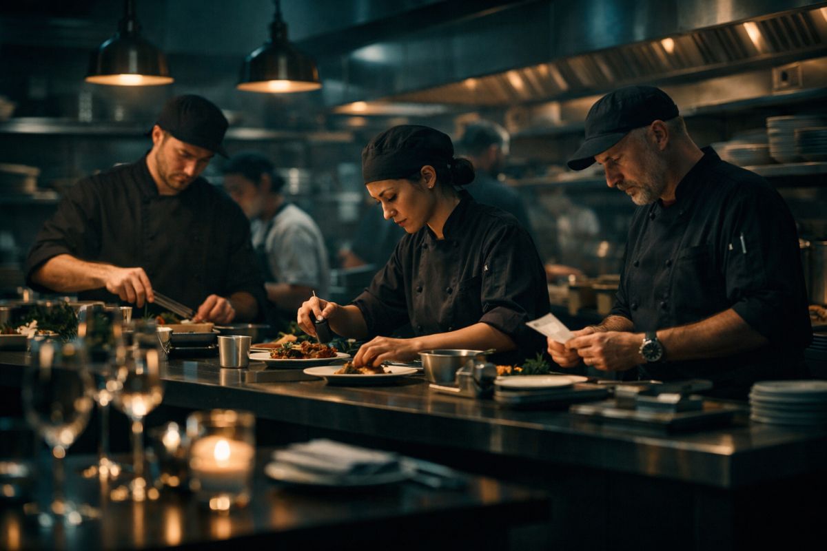 Küchenmitarbeiter in einem gehobenen Restaurant bereiten Essen zu