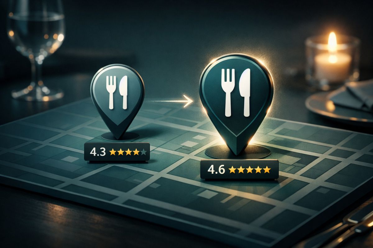 Google Map mit 4,3-Sterne-Bewertung für Restaurant und 4,6-Sterne-Bewertung