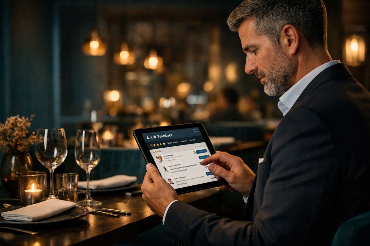 Gast wird nach Besuch zur Bewertung des Restaurants am iPad aufgefordert