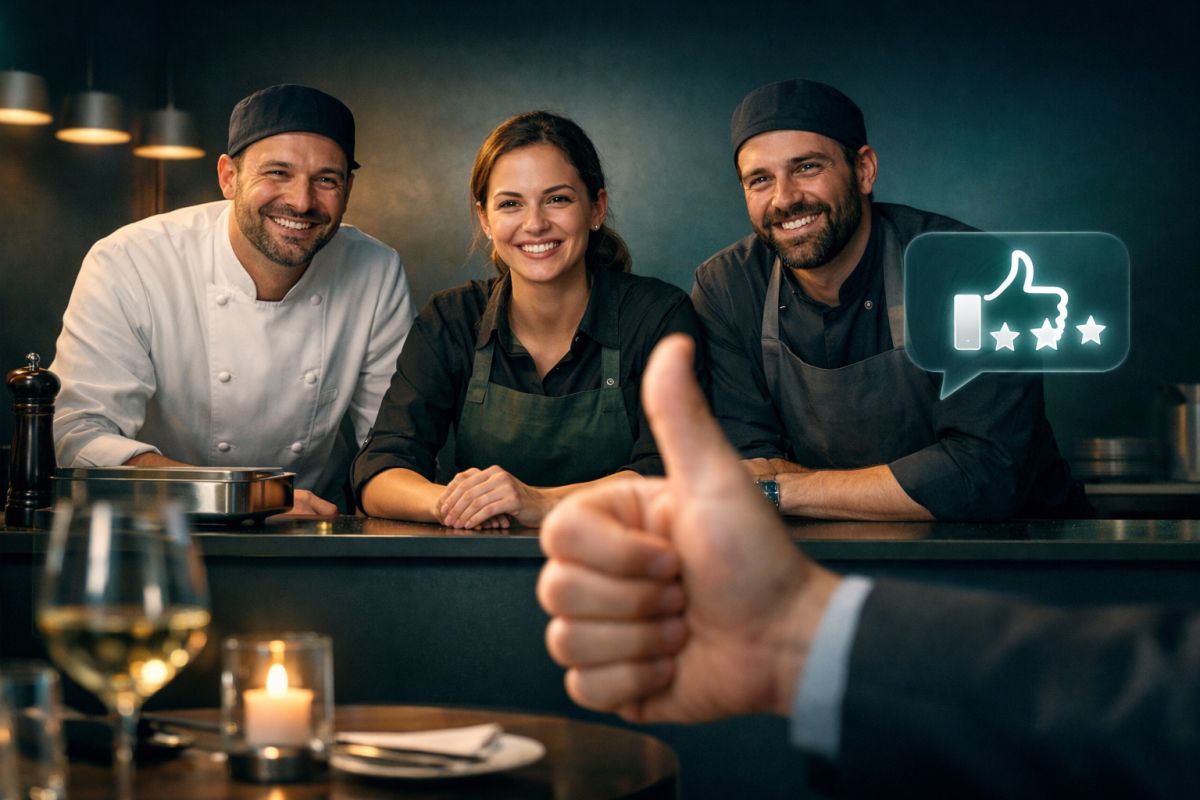 Lächelndes Restaurantteam weil sie eine positive Bewertung eines zufriedenen Gasts bekommen
