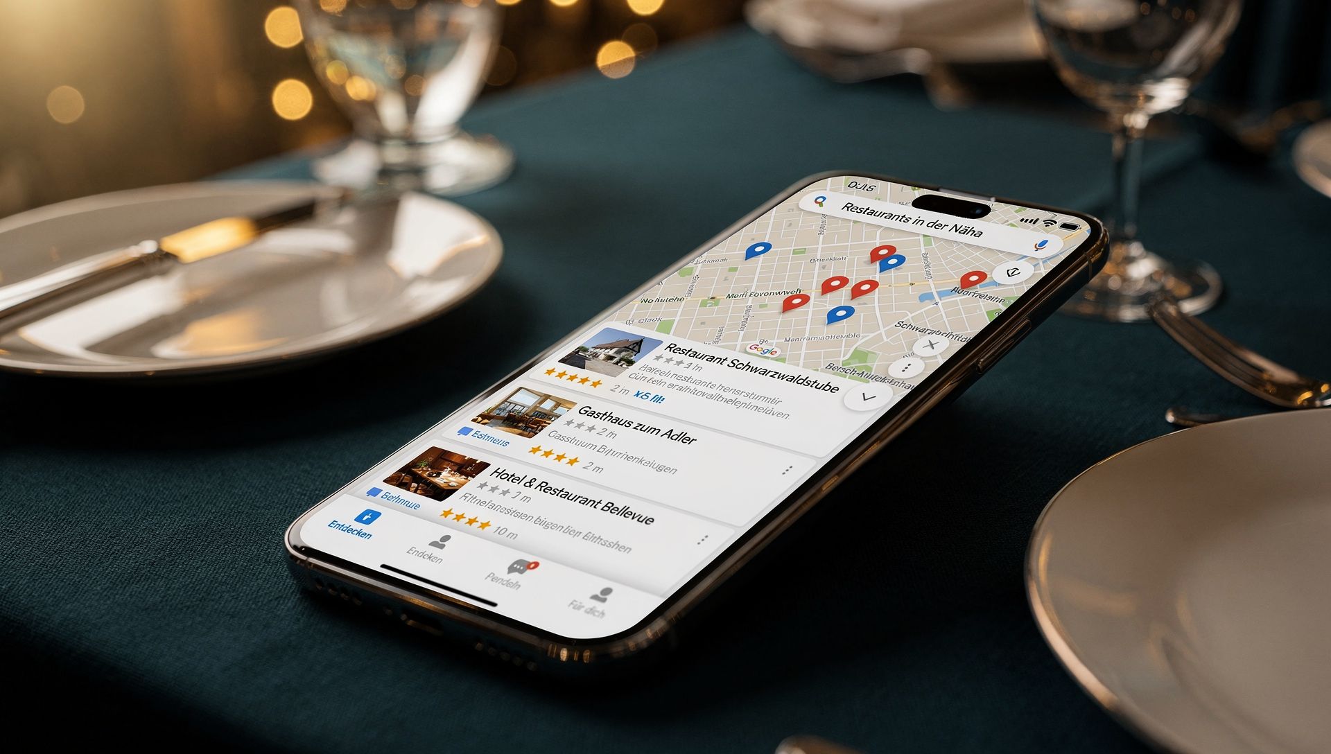 Smartphone-Bildschirm der die besten 3 Restaurants in der Nähe im Google Maps Pack anzeigt