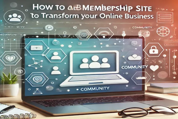 How to Build a Membership Site to Transform Your Online Business' featuring a laptop with digital icons representing online learning and community, set against a vibrant background with bold typography highlighting the blog title.