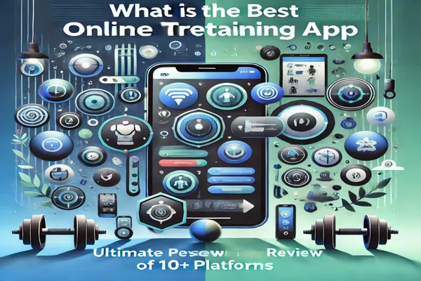 Sleek and modern blog cover image for 'What Is The Best Online Personal Training App? (Ultimate Review of 10+ Platforms).' The design features icons of fitness equipment, app interfaces, and smartphone screens. The background includes gradients of blue and green tones with a minimalistic, clean style. Bold text stands out, representing a comparison of multiple platforms in the personal training app space, with a focus on innovation and fitness.