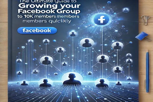 The Ultimate Guide to Growing Your Facebook Group to 10k Members Quickly.' The image features bold text with a blue-toned background, showing interconnected user icons symbolizing growth and connection, resembling Facebook's branding. The design conveys rapid progress and growth in a professional, modern style.