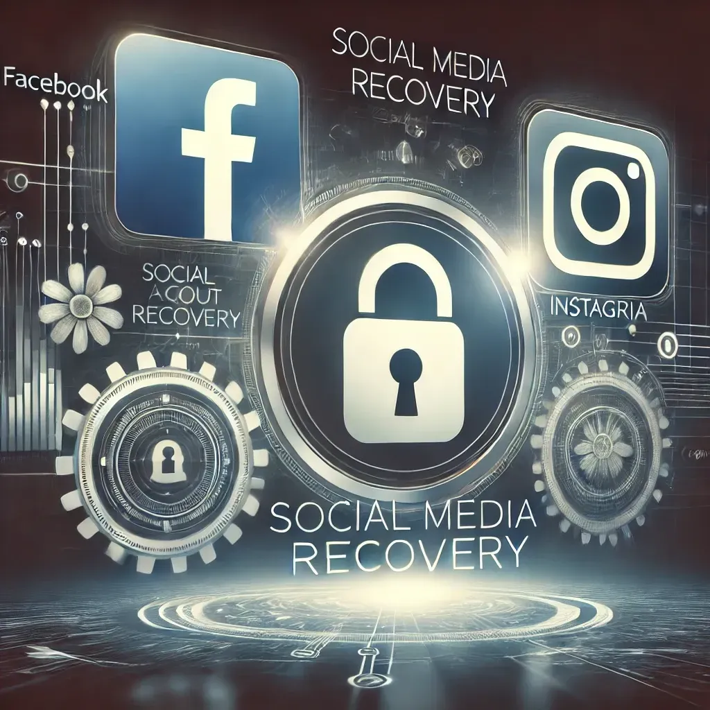 Blog cover image showing the icons of Facebook and Instagram with a padlock symbol, representing social media account recovery and security, set against a digital background conveying urgency and technology.