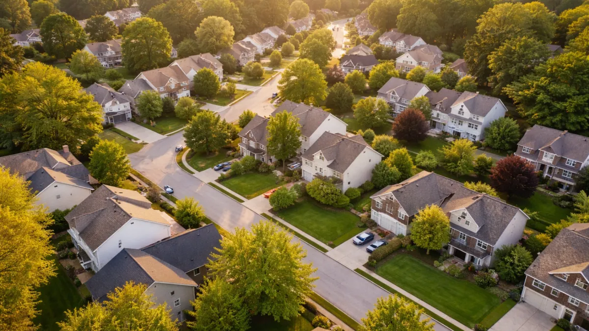 "An aerial view of a quiet suburban neighborhood with large, multi-story family homes, lush green trees, and manicured lawns during the golden hour."