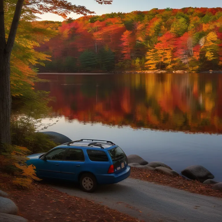 Serene New Hampshire lakeside at dusk with a lone car amidst fall colors.