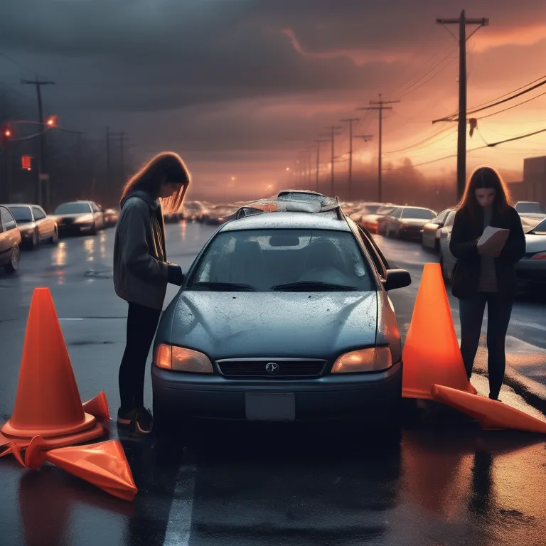 A young couple evaluates a damaged car among traffic cones and scattered insurance documents at dusk.