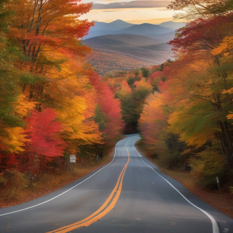 A road in New Hampshire reflecting the idea of auto insurance with autumn scenery and symbolic icons.