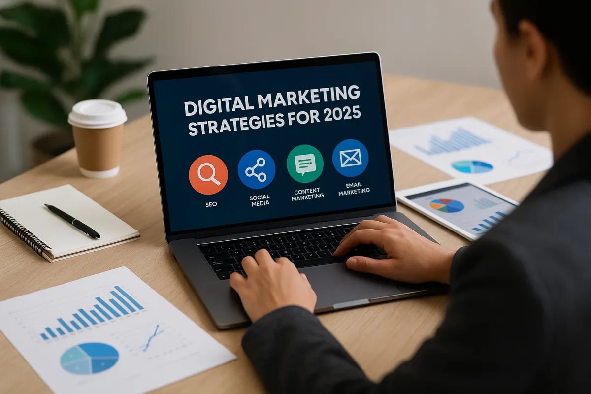 Person working on a laptop analyzing digital marketing strategies for 2025, surrounded by charts, tablet, coffee, and notebook on a wooden desk in a modern office setting.