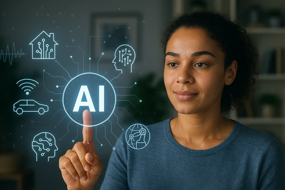 A woman interacts with a futuristic AI interface showing icons of smart homes, self-driving cars, and robotics, symbolizing artificial intelligence transforming everyday life.