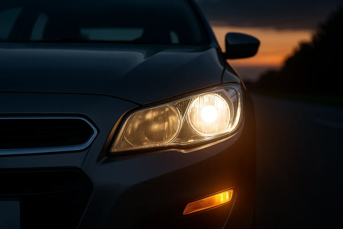 Auto in de avond, links koplamp dof en vergeeld, rechts hersteld en helder.