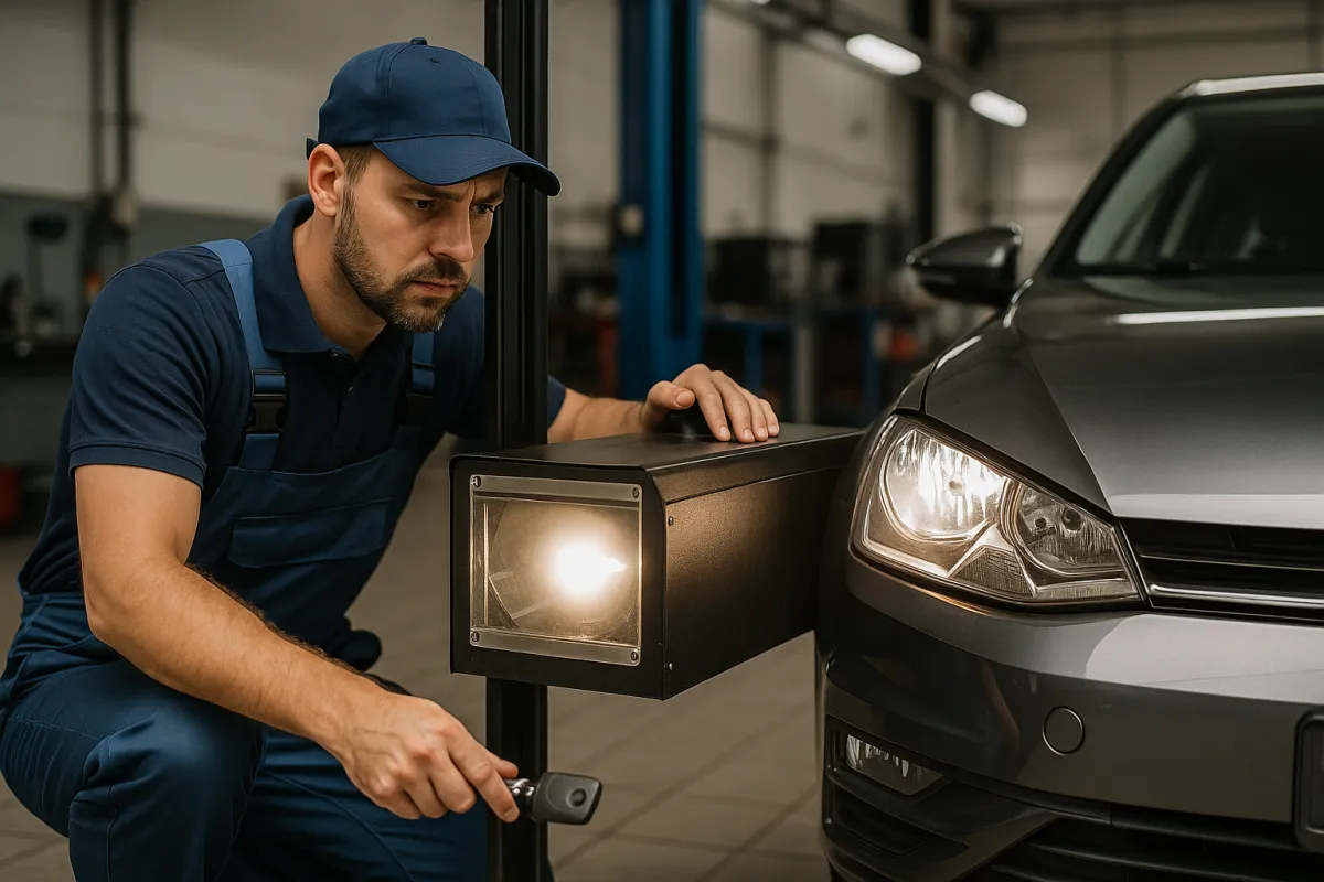 Close-up van een keurmeester die een koplamp test met lichtapparatuur in een garage.