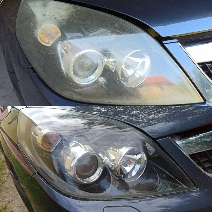 Voor-en-na foto: links vergeelde koplamp, rechts helder na polijsten.