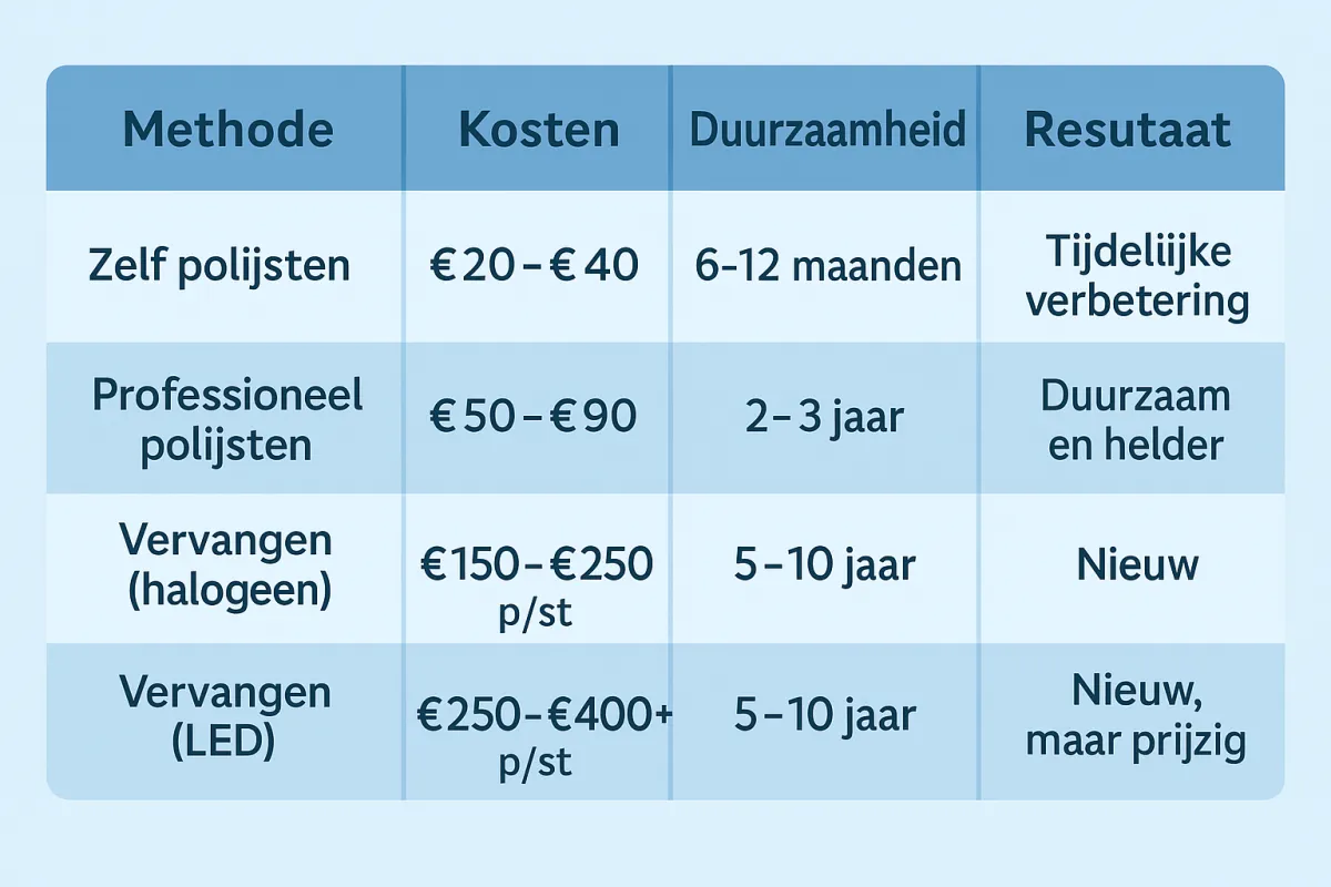 Koplampen polijsten of vervangen? De prijs, veiligheid en reviews uitgelegd