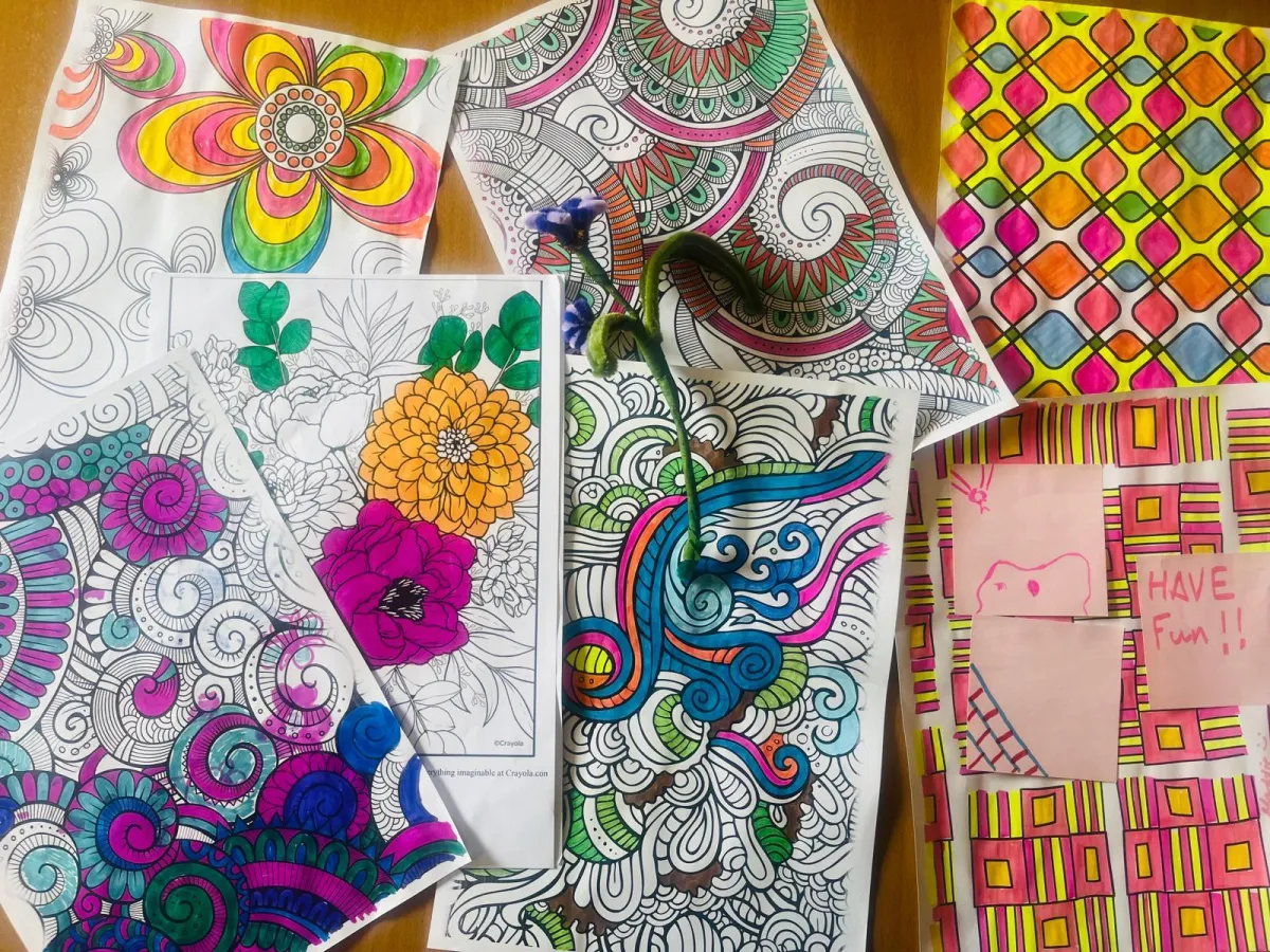 Sheets of paper with various drawings and doodles.