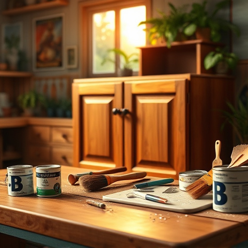 A cozy kitchen scene featuring rustic wooden cabinets with a warm honey-colored stain that accentuates the wood grain. The image highlights a well-worn farmhouse table cluttered with paintbrushes, jars of stain in various shades, and fresh herbs in a vase, representing the fusion of craftsmanship and nature. In the background, subtle strokes of bamboo and cherry blossom branches create a gentle contrast, with soft pastel colors—greens, browns, and blues—setting a serene atmosphere. A whimsical, crooked sign labeled “Stain & Shine” hangs from a cabinet door, adorned with hand-painted bees, adding a playful farmhouse touch. Sunlight filters through a window, casting dappled shadows on the table, enhancing the scene's tranquil vibe and inviting DIY enthusiasts to transform their kitchens into stylish, warm spaces.