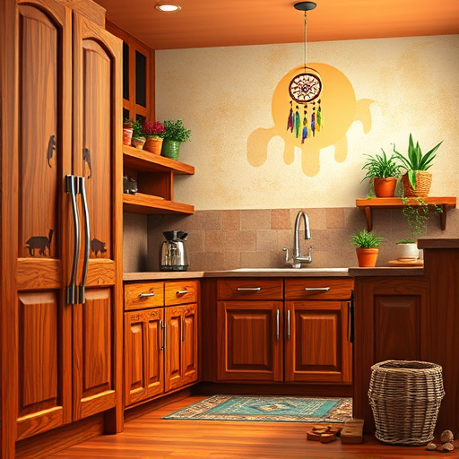 A vibrant blog cover image illustrating the theme "Cabinet Manufacturers near Hurst, Texas." The scene features a beautifully crafted array of cabinets, showcasing intricate wood grain patterns and rich hues inspired by Native American Art. The cabinetry includes unique hand-carved motifs of stylized animals and plants, reflecting the cultural heritage of Native American craftsmanship. The kitchen exudes a warm and inviting atmosphere, evoking a sense of homeliness with bespoke furniture.
The backdrop showcases elements like a sun-mottled wall and a painted adobe texture, conveying rustic charm. Whimsical details include a colorful dreamcatcher hanging from a shelf and pots of vibrant herbs, suggesting a creative and warm lifestyle. In the corner, wood chips and tools are scattered playfully, representing the craftsmanship involved in creating each cabinet.
The color palette features earth tones—rich browns, warm reds, and deep greens—contrasted with bright blues and golds, embodying the optimistic spirit of Texas. The harmonious blend of colors creates a visually captivating image that celebrates craftsmanship and the essence of home, with no human figures present to draw focus to the artistic attributes of the cabinets.