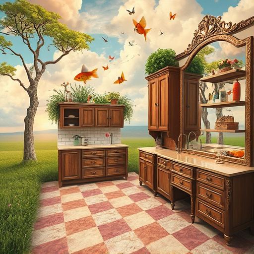 A cozy kitchen scene featuring a beautifully crafted cabinet, showcasing warm wooden tones and intricate carvings inspired by the Arts and Crafts Movement. The cabinet, with a fresh natural wood finish revealing detailed grain patterns, is the focal point against a cream-colored wall with subtle early 20th-century designs. Vibrant hand-painted ceramic canisters, including a cottage shape and a cheerful vegetable, rest on the countertop, adding playful elements to the space. A potted plant with lush green leaves thrives on the windowsill, illuminated by soft golden sunlight, enhancing the warmth of the scene. A small clock above the cabinet marks time dedicated to home care, while a nearby tray holds assorted paintbrushes and tools, suggesting recent cabinet maintenance. A colorful calendar offers quick DIY tips for busy homeowners. The image conveys a calm yet purposeful atmosphere, highlighting the rewarding nature of cabinet refinishing for a busy lifestyle, with an earthy color palette of browns, greens, and sunny yellows inviting viewer appreciation for home improvement.