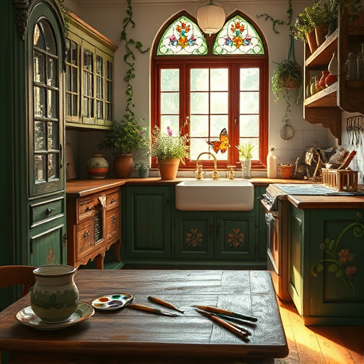 A captivating kitchen scene inspired by the Pre-Raphaelite Brotherhood, featuring freshly painted ornate cabinets in rich emerald green, deep burgundy, and muted gold. Soft light filters through a vintage stained-glass window, highlighting intricate hand-painted floral patterns and delicate vine motifs on the cabinets. In the foreground, paintbrushes and color palettes rest on a rustic wooden table, adding to the artistic flair. A whimsical touch is seen with a swirling trail of paint morphing into a vibrant butterfly, symbolizing creativity. The walls display eclectic pots filled with fragrant herbs and wildflowers, coordinating with the cabinetry. In the background, a charming farmhouse-style sink with vintage brass faucets enhances the inviting atmosphere, while uniquely painted kitchen utensils dangle from a wooden rack. The scene is bathed in a soft, nostalgic glow, creating warm shadows and evoking the serene ambiance of a tranquil garden, while vines climb the windowsills, inviting viewers to appreciate the craftsmanship of local cabinet painting.