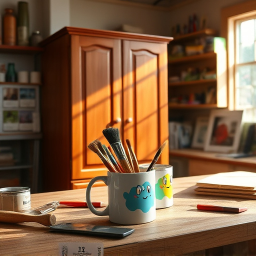 Image of a warm and inviting kitchen scene featuring an array of countertop samples in various textures and hues on a rustic wooden table. The countertop options, reflecting soft light, display a harmonious blend of earth tones, muted blues, and soft whites. Stylish kitchen utensils, including colorful spatulas and gleaming measuring cups, are artfully arranged around the samples, adding a playful touch. Gentle morning light streams through a window, casting soft shadows and enhancing the cozy atmosphere. Lush green plants in terracotta pots on the windowsill emphasize a natural theme. A cat silhouette is playfully positioned nearby, contributing to the homely feel. The soft pastel color palette and warm shades create a calm, cheerful mood, aligning with the theme of thoughtful home design choices. The Impressionistic style adds a dreamy quality, evoking emotion and inspiring viewers to envision their own kitchen possibilities.