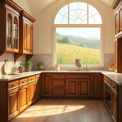 Alt text: A captivating kitchen transformation image showcasing cabinet refacing. On the left, a classic wooden cabinet transitions into a modern white cabinet with gold handles, illustrating the before-and-after effect. Bright natural light floods the space through a large window with sheer curtains. A polished countertop features a vibrant fruit bowl filled with oranges and greens alongside a chic vase of fresh flowers. The background includes rustic Texas elements like hanging potted herbs and a vintage clock, seamlessly blending modernity with warmth. A playful squirrel peeks from behind the countertop, and a whimsical teapot sits askew on the shelf, adding personality. The image exudes a cheerful yet professional mood, highlighting craftsmanship with textures of wood grain and soft cabinetry sheen, complemented by a warm color palette of creamy whites, soft browns, and bright decor accents, perfect for a blog about cabinet refacing in Frisco, Texas.