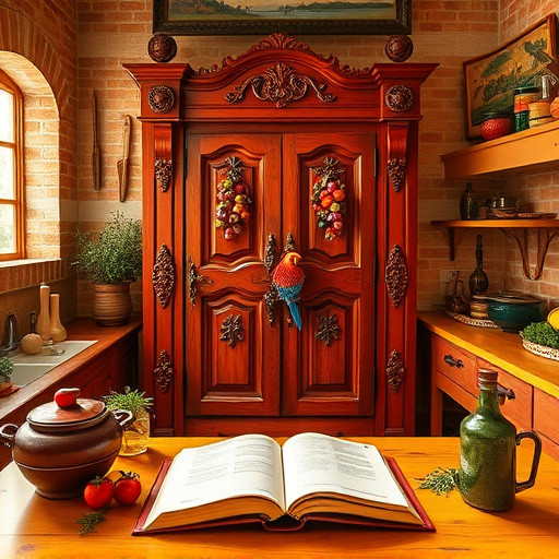 A sunlit Renaissance-style apartment kitchen featuring an elegantly crafted wooden cabinet at the center, adorned with intricate carvings of fruit and floral motifs representing Texas. Surrounding the cabinet are vibrant ceramic dishes and colorful glass jars, creating a warm and inviting atmosphere. A honey-colored wooden table holds an open cookbook and scattered fresh herbs, evoking a sense of earthy freshness. A playful ambiance is added by a cheeky parrot perched on the shelf and a mischievous mouse peeking from behind a pot. The rustic brick walls are decorated with vintage kitchen tools and vibrant artwork depicting Texas landscapes, enhancing the charm of Celina. Soft, diffused sunlight streams through a wide window, casting a golden glow on the cabinetry's rich hues of deep burgundy and sunlit golden yellow, blending medieval sophistication with whimsical elements, capturing the essence of home and culinary creativity in Texas.