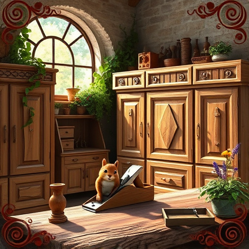 A vibrant blog cover image in the Mexican Muralism style, featuring an ornate wooden cabinet with intricate carvings and a mix of natural wood tones and bold colors. Surrounding the cabinet are tools such as brushes, paint cans, and sandpaper, arranged in a playful artistic chaos. A cheerful atmosphere is created with bright paint splatters and a smiling sun peeking through clouds, casting warm sunlight. The background shows a workshop filled with shelves of various wood types, jars of paints, and colorful fabrics, hinting at creative possibilities. A pair of hands is depicted applying a fresh coat of paint to a cabinet door adorned with floral motifs. The edges feature vibrant geometric patterns echoing traditional Mexican designs, framed by fantastical leaves and vines, enhancing the theme of craftsmanship. The color palette includes deep reds, bright yellows, and earthy browns, invoking warmth and creativity, inviting viewers to embrace their own DIY projects. This image serves as a beautiful homage to artistry and craftsmanship, inspiring creativity in cabinet refinishing.
