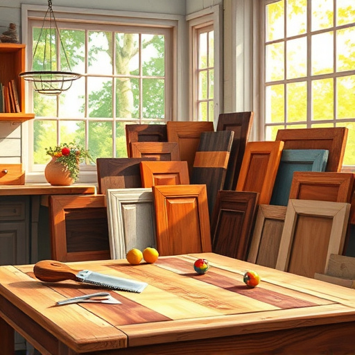 An artistic depiction of a modern kitchen, highlighting an array of stylish cabinet doors designed in a Symbolism art style. Each cabinet door features intricate patterns and textures that represent modern design elements: smooth surfaces symbolize minimalism, bold colors illustrate innovation, and geometric shapes showcase functionality. The cabinets stand out against a soft pastel background, illuminated by gentle light that creates an ethereal glow, invoking a calm and inviting atmosphere. Playful accents, like a whimsical leaf-shaped handle and abstract floral motifs on a cabinet door, inspire creativity. A delicate vine trails along the kitchen counter, symbolizing nature's role in contemporary living, while soft shadows enhance the rich texture of sleek countertops. The color palette blends soft greens, subtle blues, and gentle yellows, fostering feelings of serenity and inspiration. This image encapsulates the balance between functionality and artistic flair, ideal for a blog cover highlighting modern kitchen cabinet doors.