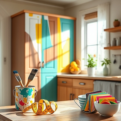 Alt text: An abstract blog cover image for "How to Adjust Cabinet Hinges," featuring a vibrant Tachisme-inspired background with splashes of warm oranges, deep blues, and vibrant yellows. The focal point is a stylized cabinet with exaggerated, shimmering metallic hinges, contrasted against the colorful backdrop. Floating whimsical representations of tools, including a paintbrush, screwdriver, and tape measure, create a lively narrative around the cabinet, embodying the DIY spirit. Quirky details like dancing screws and mischievous paint droplets enhance the scene's playful tone. The cabinet design blends modern aesthetics with classic charm, transitioning from a warm wood finish at the top to a bold painted finish at the bottom. Abstract shapes resembling kitchen utensils in the background add depth and enhance the domestic theme. The overall composition evokes creativity and hands-on practicality, encouraging viewers to engage with home improvement projects.
