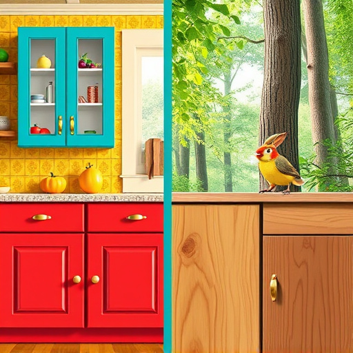 A vibrant blog cover image depicting "Painted Cabinets vs Natural Wood" features a split scene resembling a playful duel. One side showcases glossy painted cabinets in colorful shades of teal, mustard, and cherry red, enhancing a modern, chic ambiance. Each cabinet boasts oversized fruit-shaped handles, adding a whimsical element. The other side highlights natural wood cabinets, displaying rich textures and varied grains in warm oak and walnut hues, creating a calm, rustic atmosphere. Tiny woodland creatures, including a curious rabbit and a colorful bird, add charm to the scene. The background transitions from a sunny kitchen with bright wallpaper on the painted side to a tranquil forest with lush greenery and dappled sunlight on the natural wood side. Rendered in a bold PopArt style with thick outlines and flat colors, the image captures the lively contrast between modern vibrancy and timeless nature, inviting viewers to engage in the cabinet showdown.