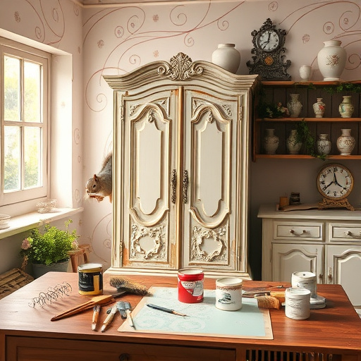 A serene workshop illuminated by warm, soft light features a beautifully aged wooden cabinet with intricate carvings of vines and leaves, symbolizing nature's reclamation. The cabinet is surrounded by earthy-hued brushes, jars of natural oils, and containers of organic paint in vibrant greens and deep browns, conveying eco-friendly cabinet restoration methods. A small bird perches playfully on the cabinet's edge, inspecting a pot of wood wax. The background showcases a lush garden filled with blooming flowers and ivy entwining around the workshop's windows, blending indoor craftsmanship with outdoor tranquility. Sunlight filters through the foliage, casting dappled shadows on the workbench, while the color palette of soft greens, warm browns, and touches of gold creates a professional yet inviting atmosphere. Flowers such as daisies and sunflowers enhance the scene's cheerfulness, emphasizing rejuvenation and sustainability. This visual composition promotes the artistry of cabinet restoration and a commitment to eco-friendly practices, appealing to those interested in sustainable living and craftsmanship.