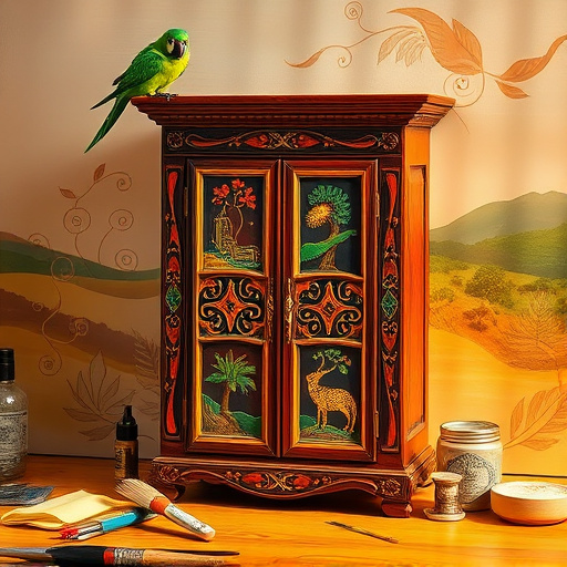 Alt Text: "An enchanting Baroque-style workshop scene featuring a vintage cabinet with intricate carvings in warm golden and deep mahogany hues. The partially refinished cabinet showcases rich dark wood and glossy paint patches, symbolizing a blend of restoration artistry and modern flair. Surrounding it are elegantly arranged DIY tools, including a delicate paintbrush, a vintage sander, and artisanal paint containers in vibrant shades. Soft, diffused light casts gentle shadows that emphasize the textures, while a window reveals a lush garden, enhancing the serene mood. A whimsical bird perches on the cabinet, and antique frames lean against the walls, creating an inviting atmosphere that inspires creative transformation in cabinet refinishing."