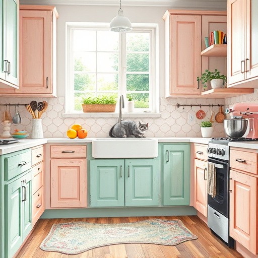 A whimsical kitchen featuring pastel cabinets in soft pinks, mint greens, and light blues, adorned with playful geometric patterns and vintage-style handles. The softly distressed wood textures add character, illuminated by bright natural light streaming through a large window. A quirky patterned backsplash reflects the light, enhancing the airy ambiance. Cheerful kitchen accessories like a pastel mixer, haphazardly stacked vintage cookbooks, and a small green herb garden on the windowsill add vibrant touches. A whimsical cat lounges on the counter, eyeing a bowl of fresh fruit, while whimsical utensils hang on the wall and a colorful rug sprawls across the floor, creating an inviting atmosphere. The Neo-Expressionism art style features bold brush strokes and mixed textures, with a color palette of soft pastel tones highlighted by pops of vibrant colors, encapsulating the charm of pastel kitchen cabinet trends. This captivating cover image invites readers into a playful, creative kitchen space.