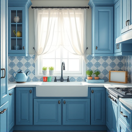 A warm and inviting kitchen scene featuring the art of cabinet refinishing, with a focus on wooden cabinets half-painted in a rich teal against soft cream walls. Surrounding the cabinets are whimsical paint cans labeled with playful designs, suggesting creative possibilities. An assortment of brushes and tools rests on a wooden workbench, while natural light streams through a cheerful window adorned with potted herbs. A cat snoozes on the windowsill, adding a touch of charm, while a vintage clock whimsically displays "craft time." Colorful bunting made from leftover paint swatches hangs above, and hand-drawn DIY checklists illustrate the creative process. This cozy kitchen environment, enhanced by a rich, earthy color palette, evokes comfort and inspiration for budget-friendly home improvement projects.