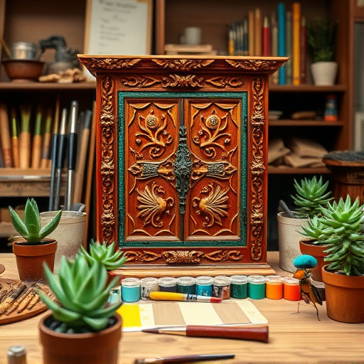 A beautifully crafted Pre-Columbian-inspired cabinet with intricate carvings of mythical creatures and nature motifs is prominently displayed in the foreground. The cabinet features rich, warm wood tones and vibrant colors, including ochre, turquoise, and deep reds, showcasing exceptional craftsmanship. Subtle representations of insect life, such as tiny beetles and woodworm, are intricately engraved into the cabinet’s design, blending seamlessly with the wood and highlighting the theme of restoration. 

In the serene background, a meticulous workshop environment is visible, filled with tools like chisels and brushes, arranged alongside colorful paints that reflect the cabinet’s palette. A rustic wooden table supports small wood samples and magnifying glasses, emphasizing an atmosphere of craftsmanship. Whimsical details like a tiny insect with a painter's beret holding a paintbrush and small chisel add charm to the scene. Potted succulents with bright blooms are placed at the edges, infusing life and contrasting with the cabinet's damaged seriousness. 

The overall composition communicates a sense of calm diligence, inviting viewers to appreciate the artistry and care involved in cabinet restoration while effectively addressing challenges posed by insect damage. The earthy ochres, vibrant greens, and subtle blues create a harmonious and engaging aesthetic, perfect for attracting readers interested in cabinet restoration techniques.