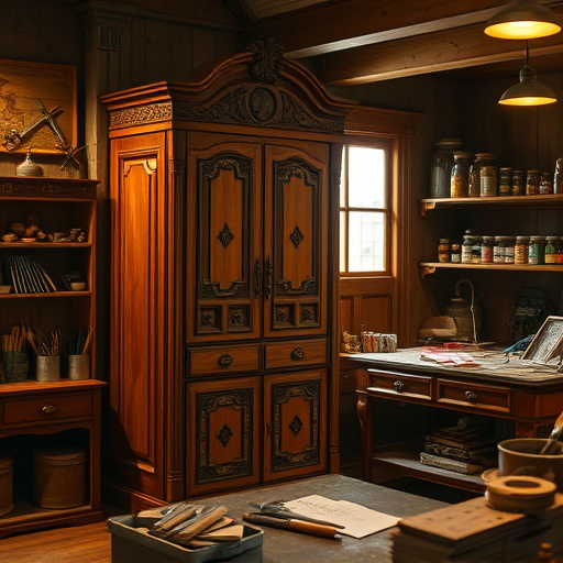A beautifully crafted wooden cabinet stands elegantly in a softly lit workshop, showcasing intricate Renaissance carvings that reflect artistic mastery. Hidden compartments are subtly revealed, displaying colorful treasures like artisanal tools, original sketches, and vibrant fabric swatches, symbolizing creativity. A vintage lamp casts a warm glow on a workbench cluttered with chisels and paintbrushes, enhancing the atmosphere of artistry in motion. Rustic wood beams and shelves filled with jars of paint and assorted hardware add to the cozy environment, while the rich color palette of deep browns, golds, and greens creates a harmonious scene that celebrates the innovation of hidden drawer designs and traditional craftsmanship.