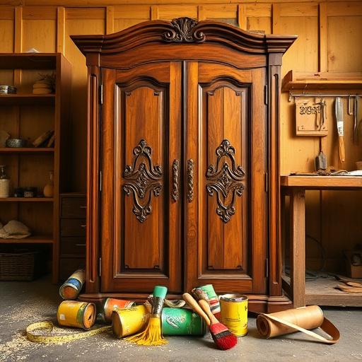 Alt text: A whimsical blog cover image titled "Cabinet Refinishing Maintenance Mistakes to Avoid," featuring an elegant, slightly weathered wooden cabinet with rich grains and intricate carvings. The cabinet's door is ajar, revealing colorful paint cans and brushes spilling out, symbolizing past refinishing errors. Surrounding the cabinet are playful symbols of common mistakes, including a frayed sandpaper roll, a dripping paintbrush, and a misplaced tape measure. The scene is bathed in soft, diffused golden lighting, creating a warm and inviting atmosphere while highlighting the cabinet’s textures. In the background, a cozy workshop showcases neatly arranged tools and scattered wood shavings, embodying an artisanal approach to woodworking. The ethereal style employs a color palette of warm earth tones, with pops of color from the paint cans, encouraging readers to embrace creativity and learn from DIY pitfalls.