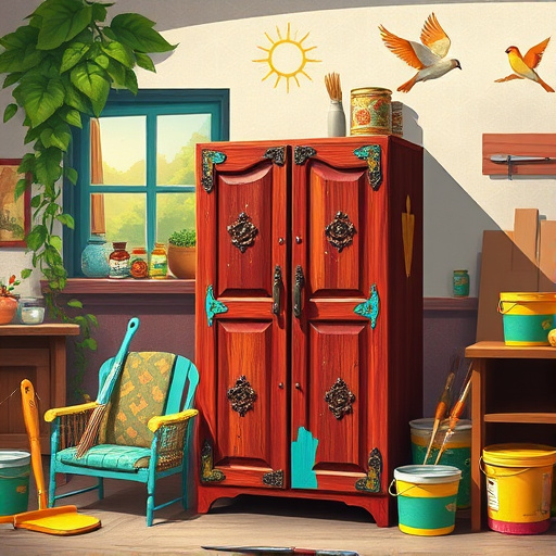 A vibrant Mexican Muralism-inspired scene depicting cabinet refinishing, featuring a gracefully aged wooden cabinet partially refinished to reveal deep mahogany with bright turquoise and sun-kissed yellow accents. Surrounding the cabinet are an array of paintbrushes, colorful paint buckets, and shimmering tools adorned with whimsical patterns and tiny flowers, enhancing the cozy workshop atmosphere. The inviting and cheerful mood is illuminated by gentle light, suggesting a warm day, while soft shadows create depth. In the background, stylized nature illustrations include lush green vines around the windows and birds soaring above, symbolizing freedom and transformation. Glitter on the freshly painted surfaces adds a fun twist, capturing attention and evoking joy in the refinishing process. Behind the cabinet, a mural highlights woodworking through the seasons—autumn wood harvesting, winter crafting, spring painting, and summer finalization—creating an engaging narrative without human figures. A kaleidoscope of colors, including rich reds, vibrant greens, and sunny yellows, harmonizes with the scene, inviting viewers to embrace the creativity and charm of cabinet refinishing.