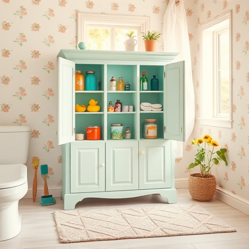 A cozy bathroom scene featuring a beautifully refinished cabinet in soft pastel colors, its doors ajar to display organized shelves filled with colorful bottles, playful rubber ducks, and vintage-style jars of bath salts. Surrounding the cabinet are quirky brushes and paint cans with vibrant splashes on a drop cloth, emphasizing the enjoyment of DIY transformations. A tiny potted plant adds greenery, symbolizing freshness. The background showcases cheerful wallpaper with bathroom motifs like soap bubbles and sunflowers, enhancing the light-hearted theme. Warm sunlight filters through a window, creating a serene ambiance. A cozy geometric rug covers the floor, with a bath mat contributing to the homely atmosphere. The soothing color palette of mint greens, peachy pinks, and creamy whites evokes a calm yet playful mood, highlighting the charming details of the space and its delightful transformation, perfect for a blog about bathroom cabinet refinishing.