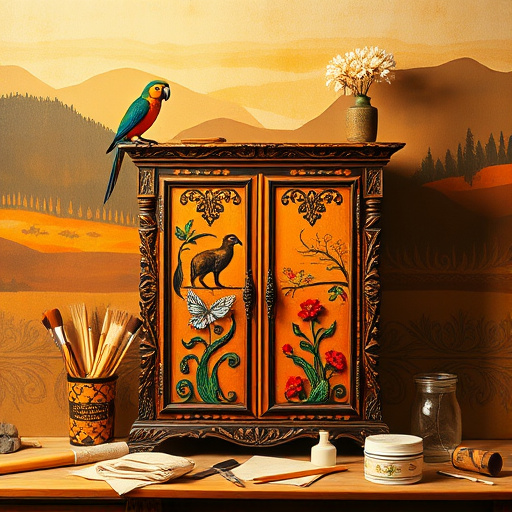 Alt Text: A beautifully restored cabinet featuring intricate carvings and vibrant, hand-painted patterns inspired by Traditional African Art, glowing under warm golden light. The cabinet, placed in the foreground, is surrounded by restoration tools like paintbrushes, polish, and cloths, creating a lively workshop atmosphere. A small parrot perches on the edge of the cabinet, and whimsical swirling leaf patterns decorate the background. Softly blended earthy tones of brown, green, and orange in the background evoke a calming ambiance that enhances the cabinet's vibrant colors. This scene captures the creativity and expertise of cabinet restoration, showcasing the transformation of scratched cabinets into stunning artisanal pieces.