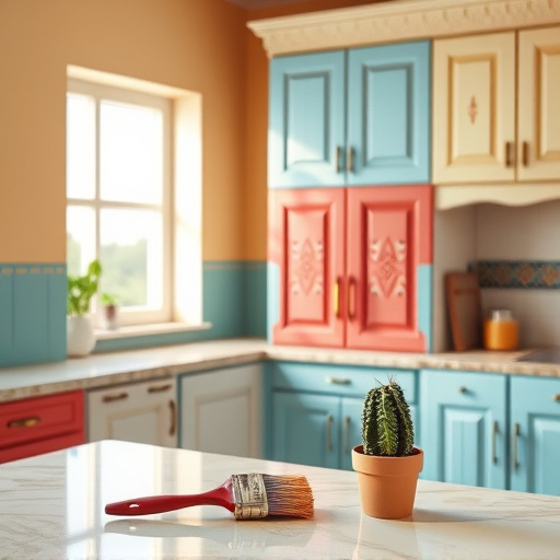 Alt text: "A captivating blog cover image illustrating 'Kitchen Cabinet Refinishing to Increase Home Value' features an abstract kitchen setting with geometric shapes. The design highlights stylized cabinet doors showcasing various textures like matte, glossy, and distressed wood in warm earth tones of rich browns, creamy beiges, and soft taupes, accented with vibrant teal and mustard. In the background, playful geometric shapes representing refinishing tools such as paint cans and brushes are subtly integrated to enhance the theme. Floating abstract kitchen elements like oversized fruits, sprigs of herbs, and plates create a nurturing atmosphere. A whimsical paint splash motif at the bottom adds a quirky touch, while layered shapes suggest a sun-drenched kitchen window, evoking light and energy. The Geometric Abstraction style conveys modern aesthetics infused with home warmth, inspiring readers to envision their kitchen transformations through cabinet refinishing."